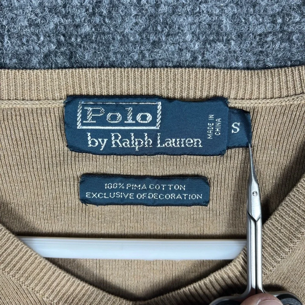 VTG Polo Ralph Lauren V-Neck Sweater Mens S Tan Beige 100% Pima Cotton Pony Logo